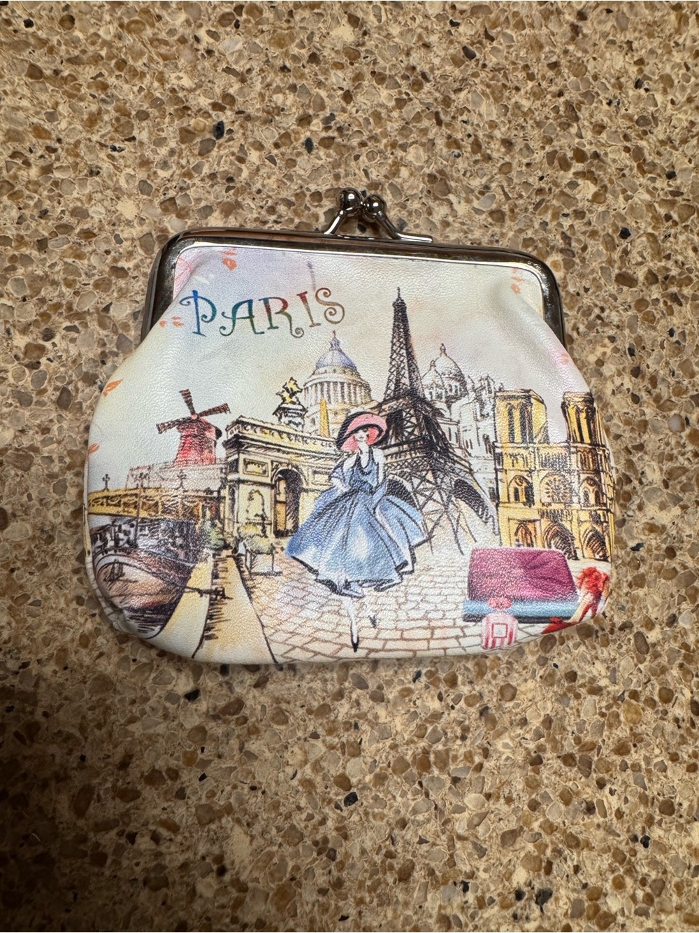 Source Unknown Cream Paris Coin Purse with Pastel Illustration